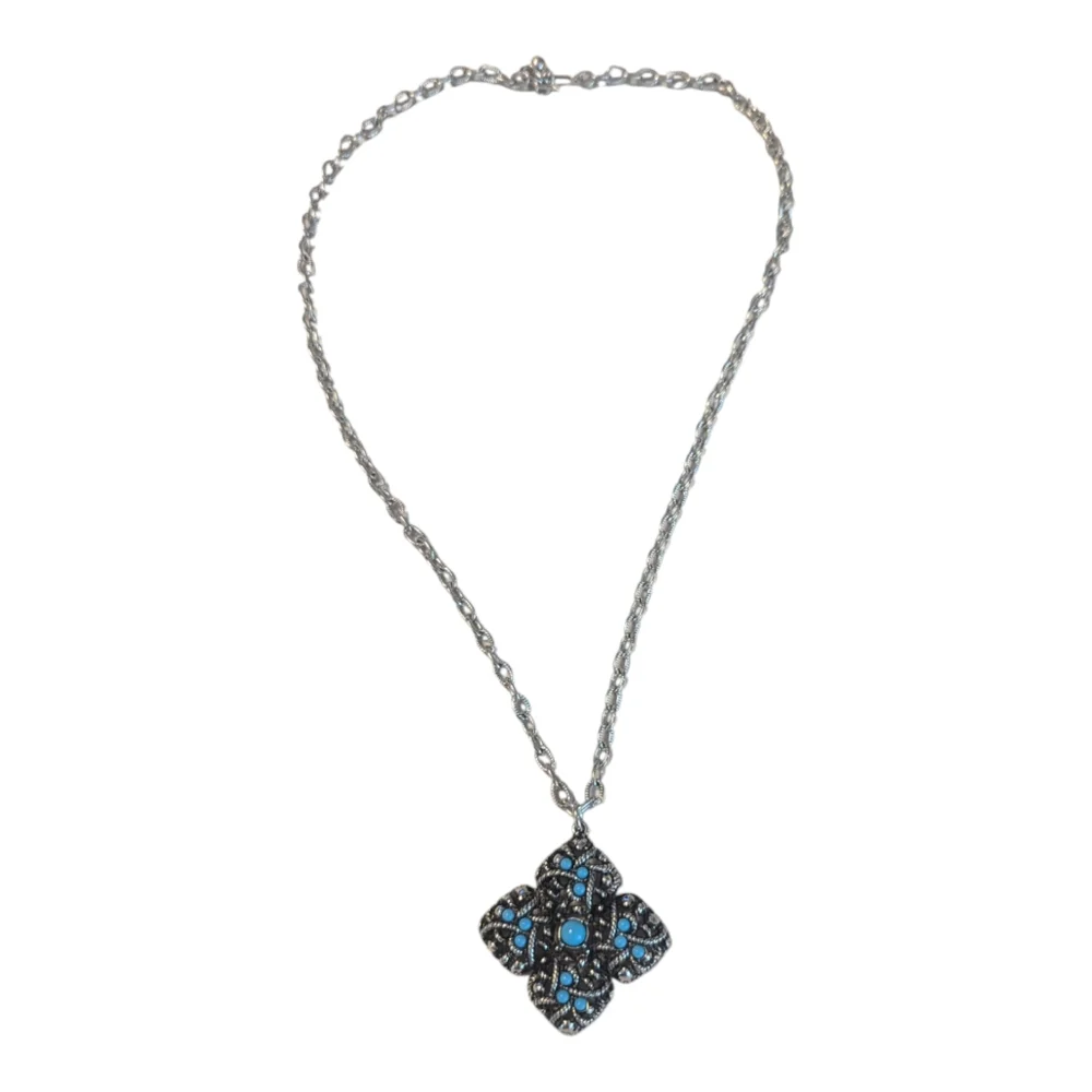 VTG 1973 Signed Avon Sierra Faux Turquoise Silver Tone Chain Pendant & Ring Set